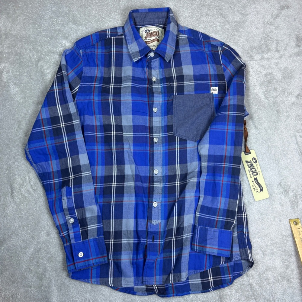 JNCO Shirt Mens Small M77106 Plaid Long Sleeve Button Down Blue Streetwear NEW‎